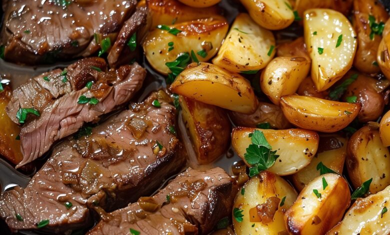 Juicy Roast Beef with Crispy Garlic Potatoes: A Simple and Flavorful Meal